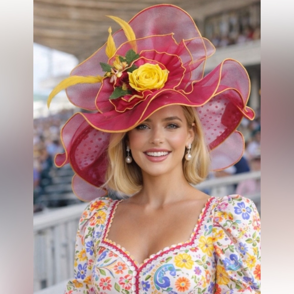 Kentucky Derby Hat Ky Oaks Organza Feather Pink Polka Dot and Yellow Floral Hat